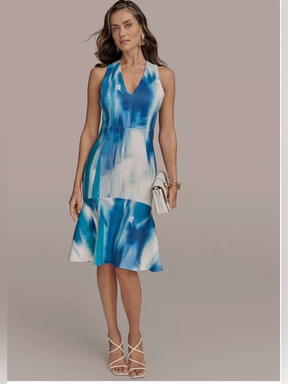 💙 Blue and White DONNA KARAN Sleeveless V-Neck Ruffle Hem Dress - Size 8